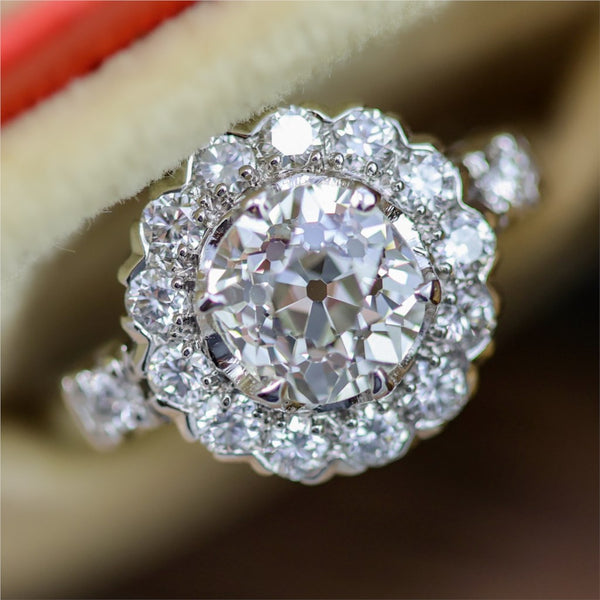 Platinum 1.75 Carat Vintage Round European Cut Diamond Engagement Ring