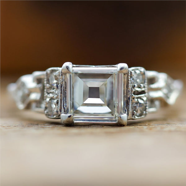 Art Deco Asher Cut Diamond  Set In A Platinum Millgrain Ring With Six Single Cut Diamonds.