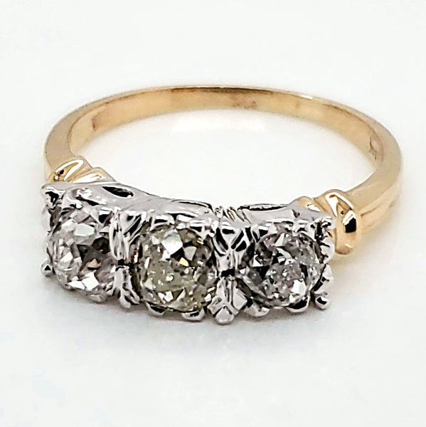 14Kt Gold Three Old Mine Cut Diamond Engagement Ring