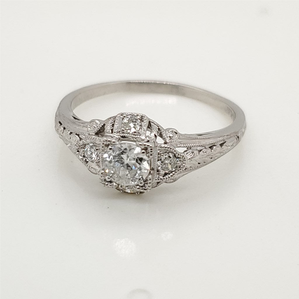 Platinum.33 Carat Round European Cut Diamond Art Deco Engagement Ring
