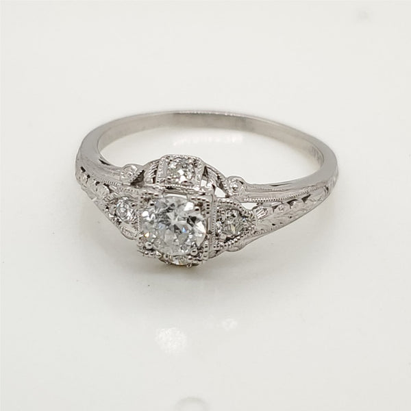Platinum.33 Carat Round European Cut Diamond Art Deco Engagement Ring