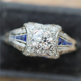 Art Deco Platinum .60 Carat European Cut Diamond and Sapphire Engagement Ring