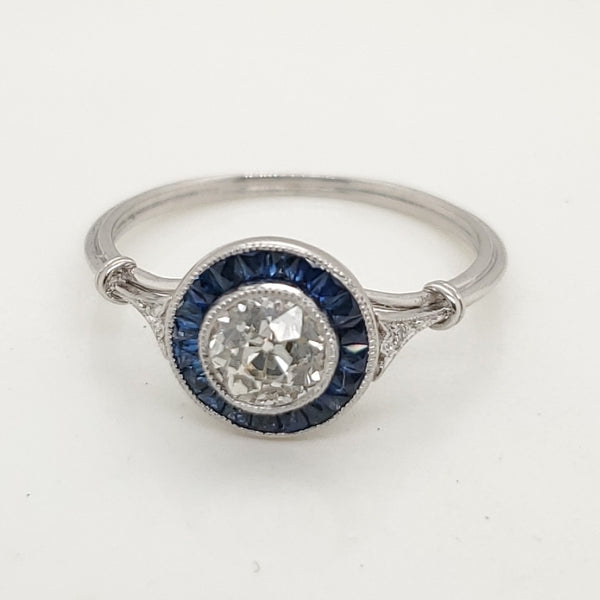 Platinum .64 Carat Mine Cut Diamond And Sapphire Ring
