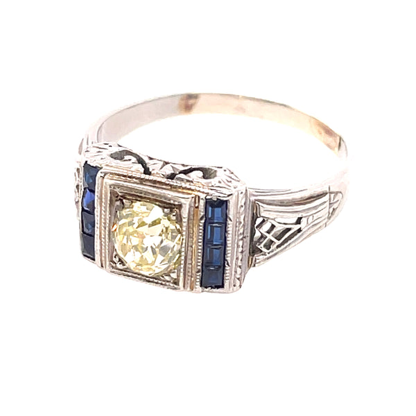 Art Deco 18kt White Gold Filigree Diamond Ring 0.53 Carat Diamond And Synthetic Sapphires