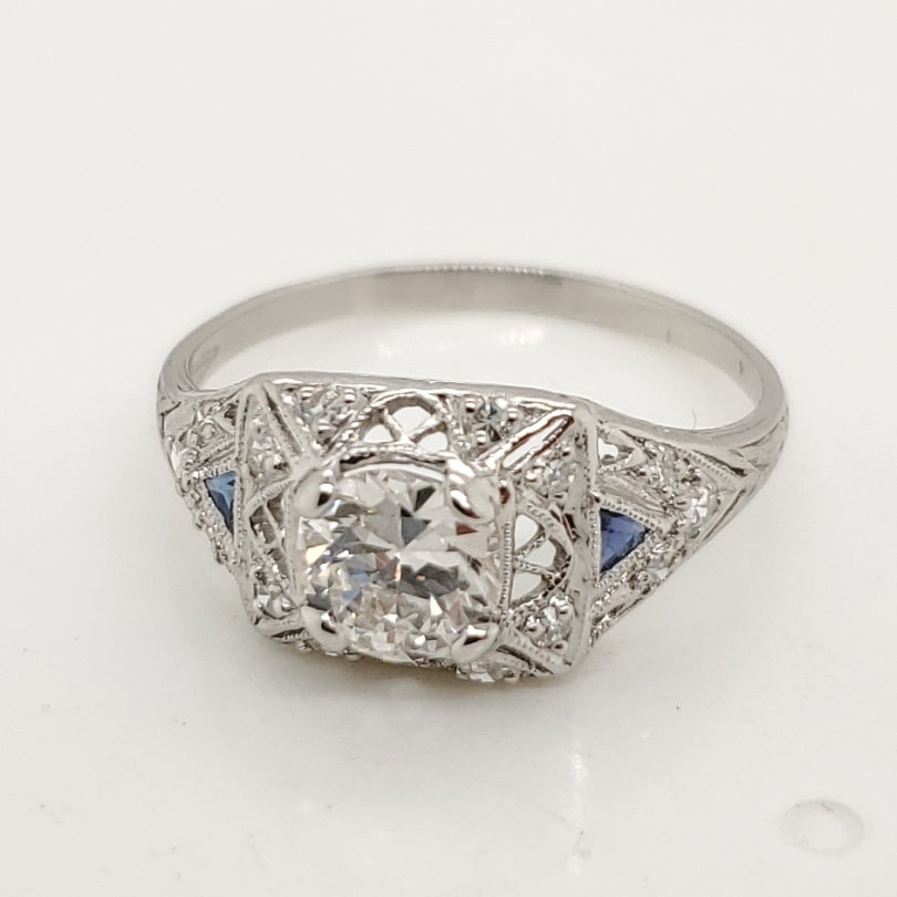Art Deco Platinum .65 Carat European Cut Diamond and Sapphire Engagement Ring