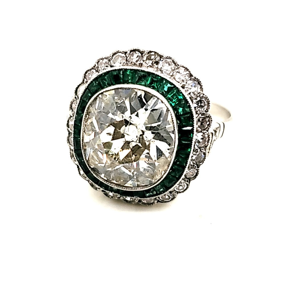 4.35 Carat Mine Cut Diamond and Emerald Platinum Engagement Ring