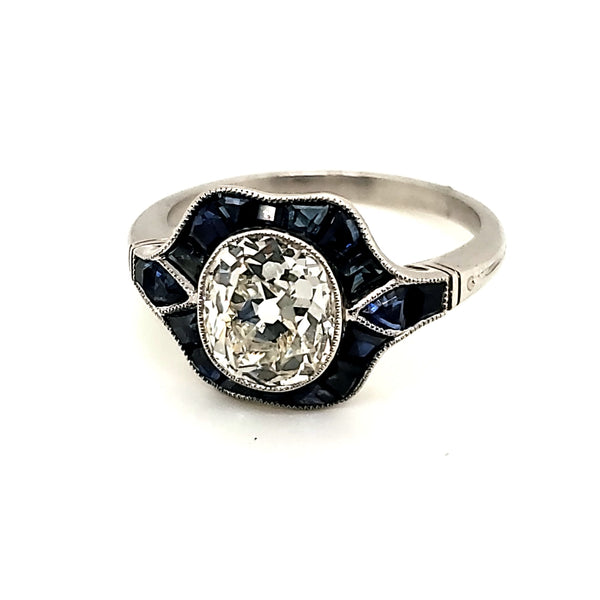 Platinum 1.75 Carat Mine Cut Diamond and Sapphire Engagement Ring