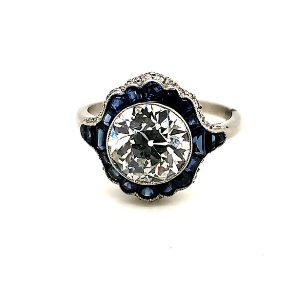 Platinum 2.75 Carat European Cut Diamond and Sapphire Engagement Ring