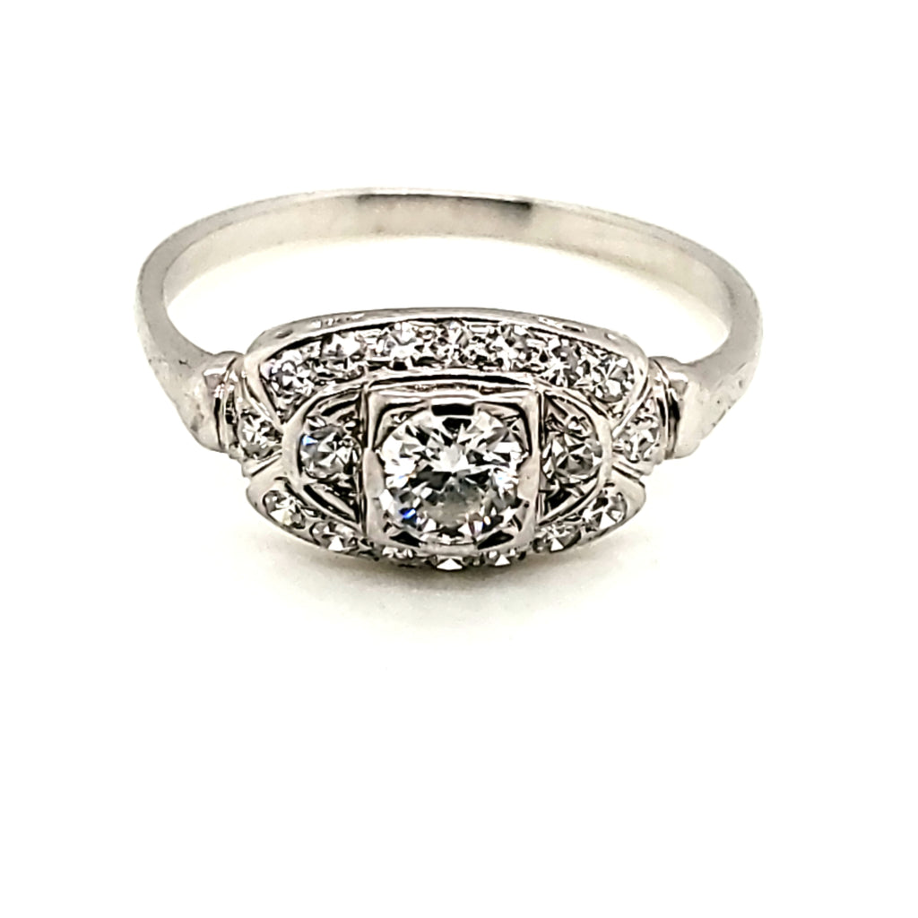 Art Deco 18kt white gold .30 carat mine cut diamond engagement ring