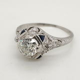 Art Deco Platinum .95 Carat European Cut Diamond and Sapphire Engagement Ring