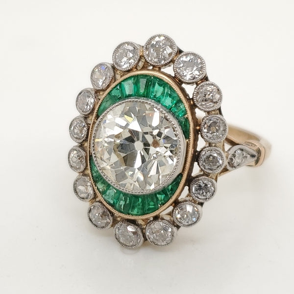 2.56 Carat European Cut Diamond Emerald and Diamond Ring