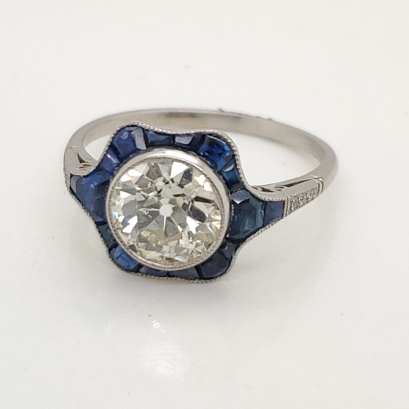 Platinum 1.58 Carat European Cut Diamond and Sapphire Engagement Ring