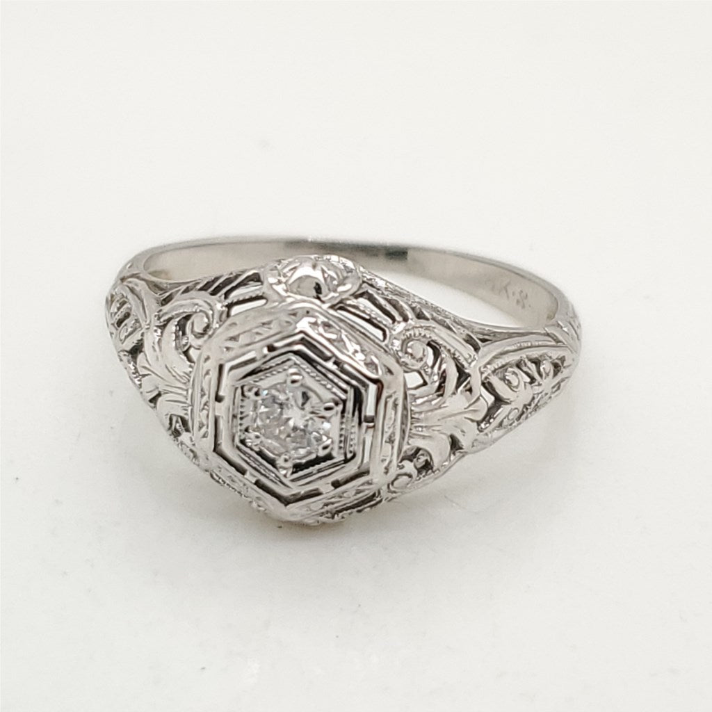 Art Deco 18kt White Gold Filigree Diamond Engagement Ring