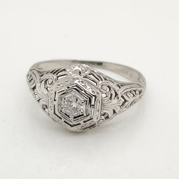 Art Deco 18kt White Gold Filigree Diamond Engagement Ring