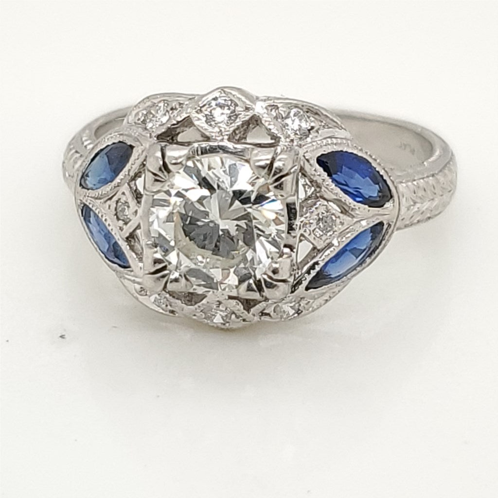 Art Deco Style Platinum 1.00 Carat European Cut Diamond and Sapphire Engagement Ring