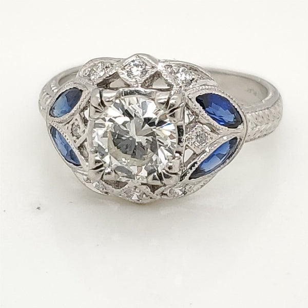 Art Deco Style Platinum 1.00 Carat European Cut Diamond and Sapphire Engagement Ring