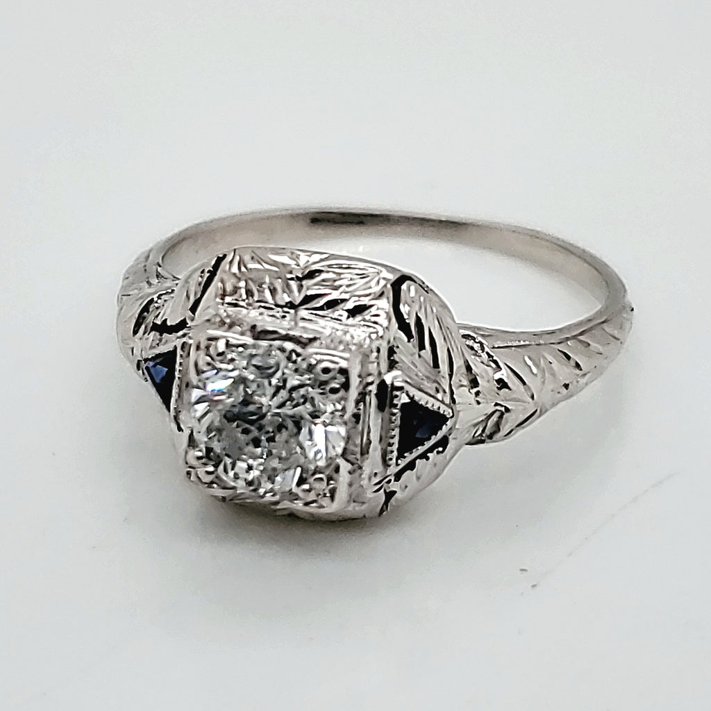 Vintage 18kt White Gold Diamond and Sapphire Engagement Ring