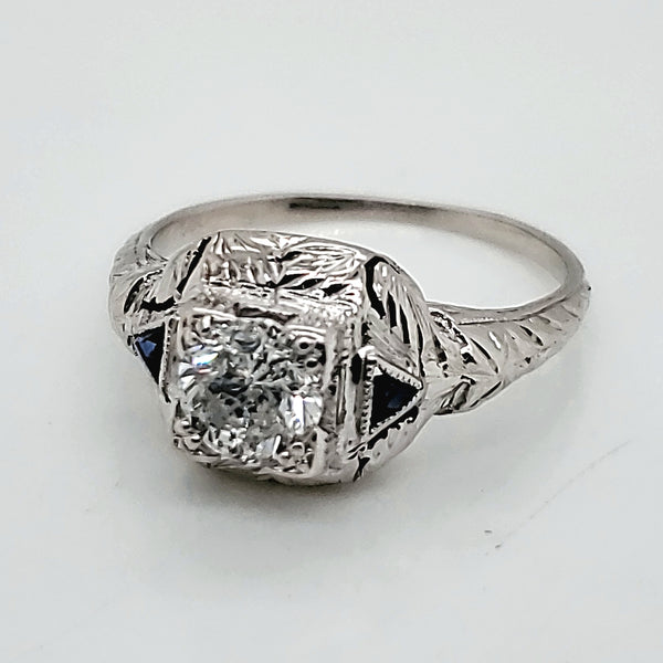 Vintage 18kt White Gold Diamond and Sapphire Engagement Ring