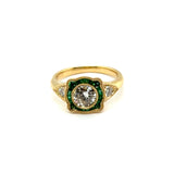 0.79 Carat European Cut Diamond and Emerald 18kt Yellow Gold Engagement Ring