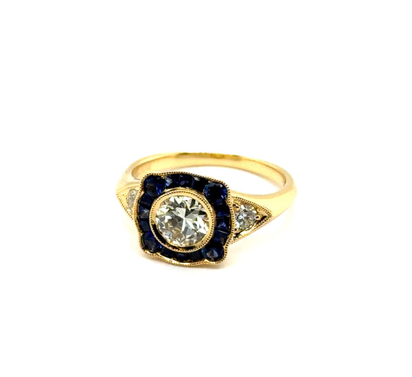 0.78 Carat European Cut Diamond and Sapphire 18kt Yellow Gold Engagement Ring