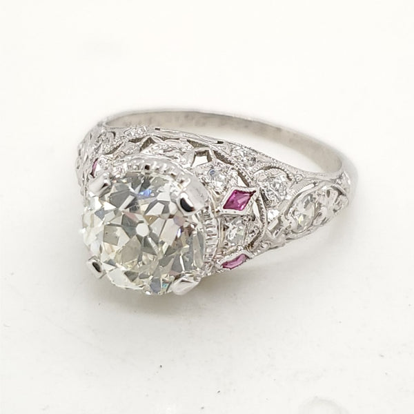 Platinum 2.27 Carat Round European Cut Diamond Art Deco Engagement Ring