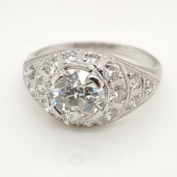 1.55 Carat Round European Cut Diamond Platinum Art Deco Engagement Ring