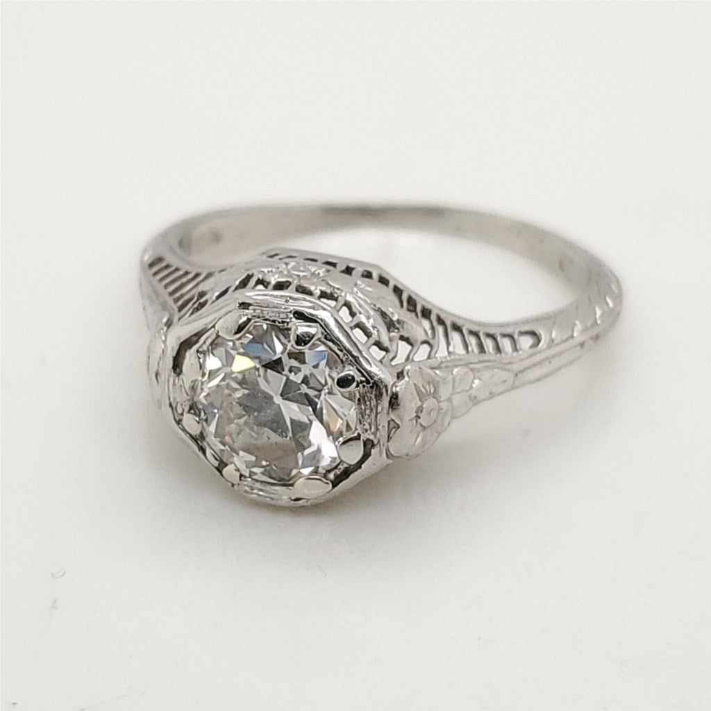 Art Deco .92 Carat European Cut Diamond Platinum Filigree Engagement Ring
