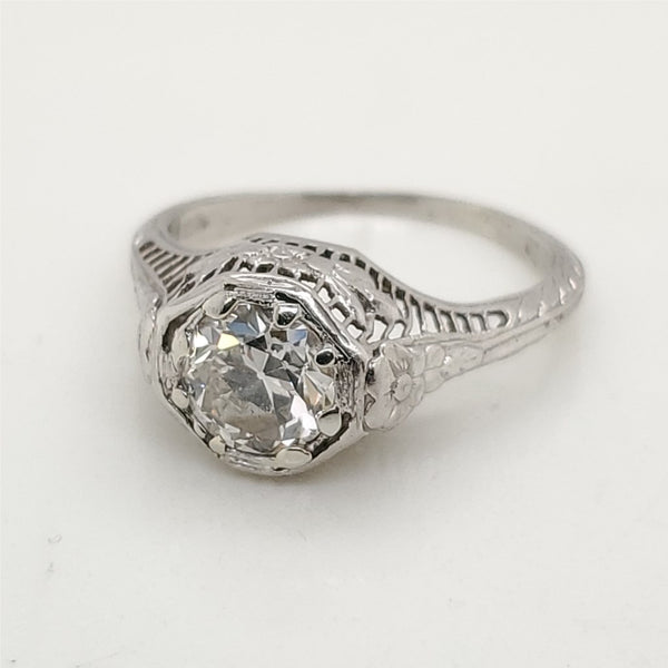 Art Deco .92 Carat European Cut Diamond Platinum Filigree Engagement Ring