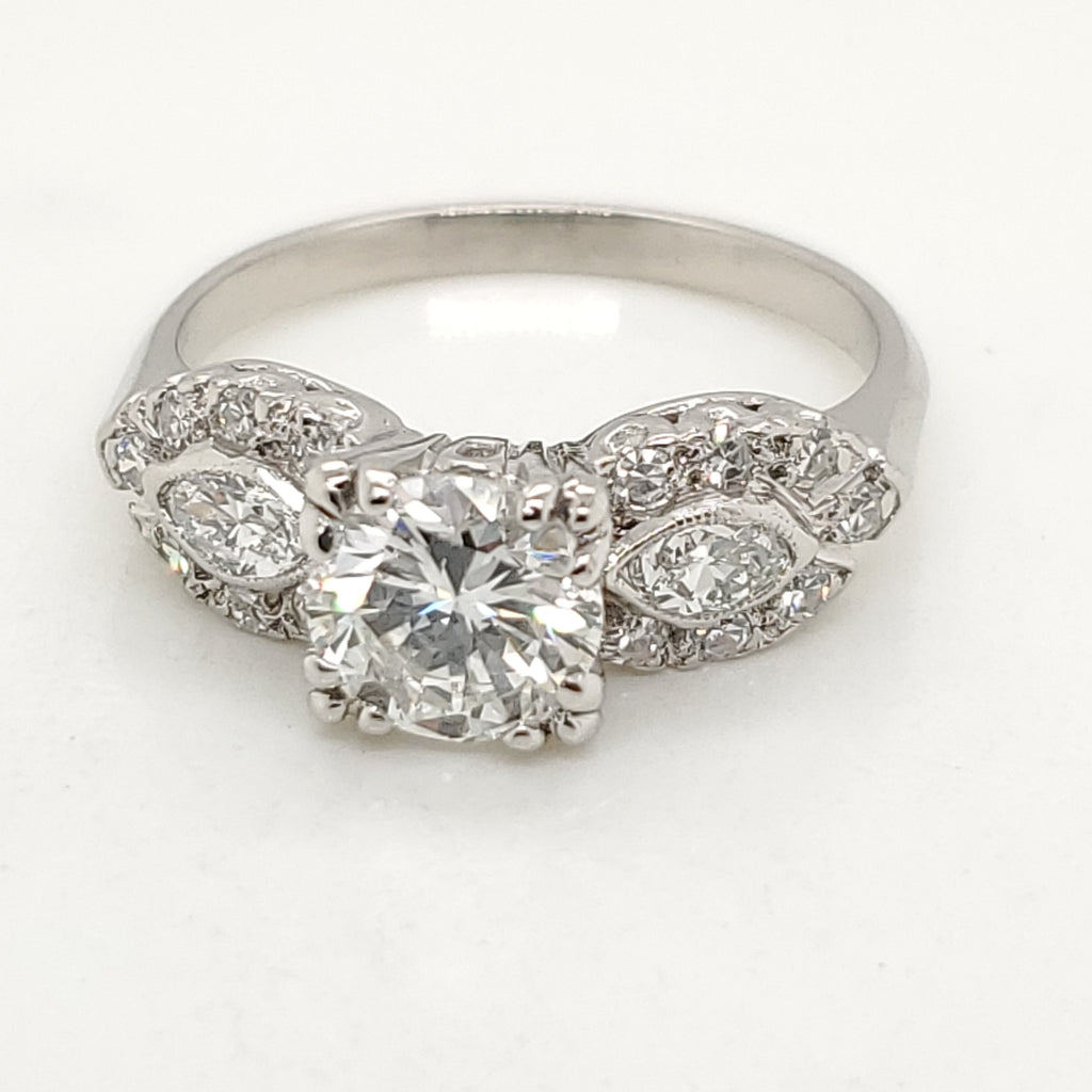 Vintage Platinum 1.07 Carat Round, Transitional Cut Diamond Engagement Ring