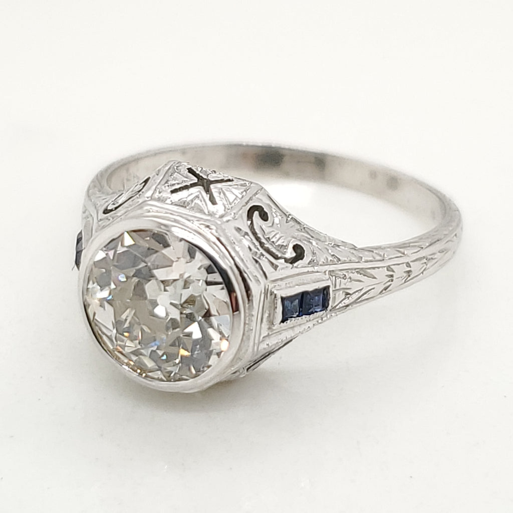 Art Deco 18kt White Gold 2.00 Carat European Cut Diamond and Sapphire Engagement Ring