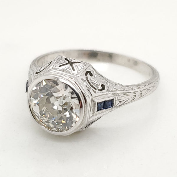 Art Deco 18kt White Gold 2.00 Carat European Cut Diamond and Sapphire Engagement Ring