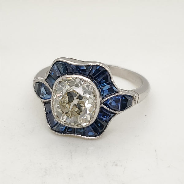 Platinum 2.22 Carat Mine Cut Diamond and Sapphire Engagement Ring