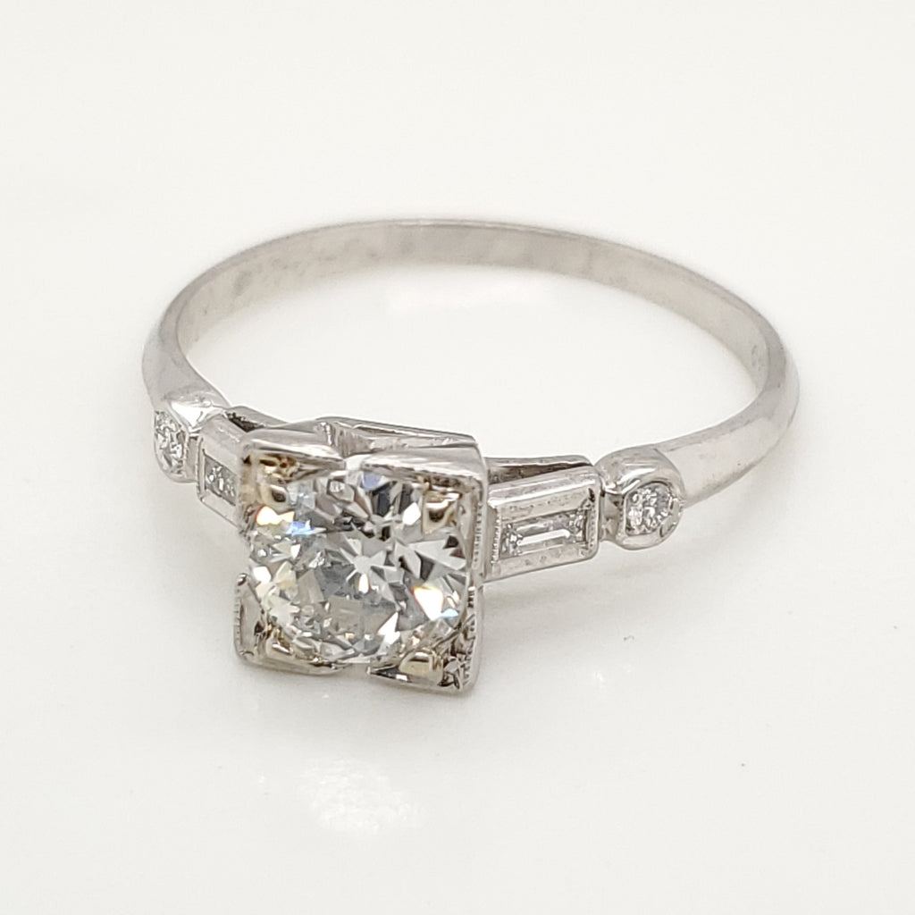 Art Deco Platinum .85 Carat European Cut Diamond Engagement Ring