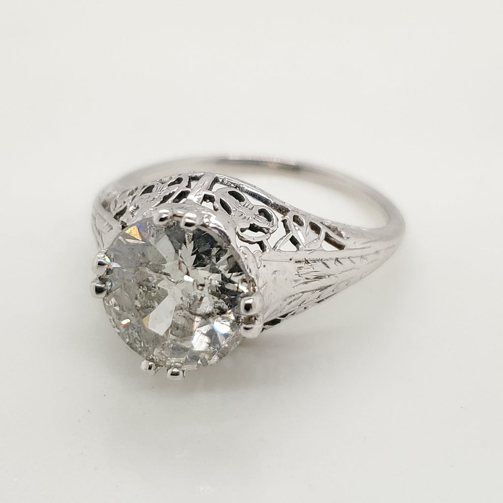 2.58 Carat Round European Cut Diamond Art Deco Engagement Ring