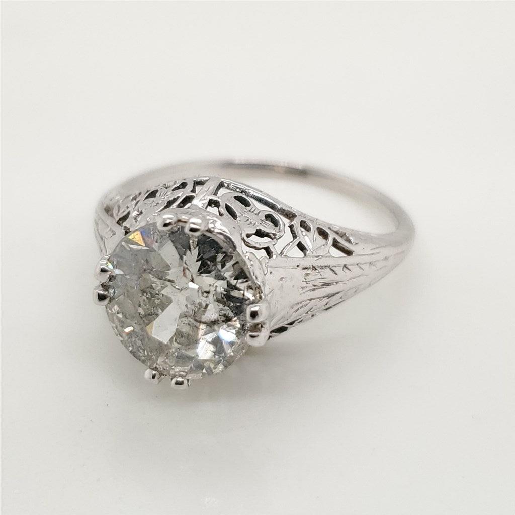 2.58 Carat Round European Cut Diamond Art Deco Engagement Ring