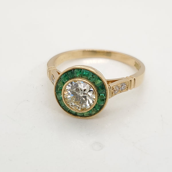 18kt Yellow Gold .85 Carat European Cut Diamond and Emerald Engagement Ring