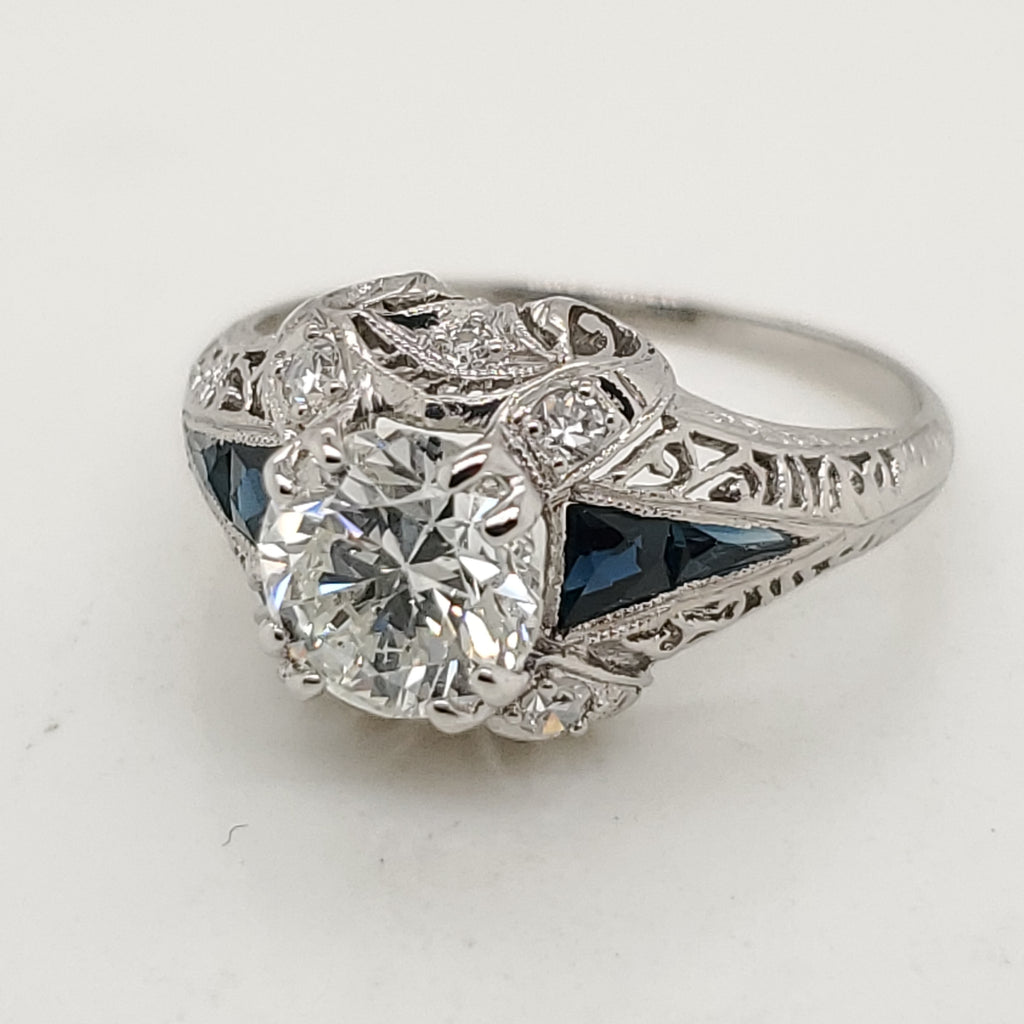 1.09 Carat Round Transitional Cut Diamond Art Deco Engagement Ring