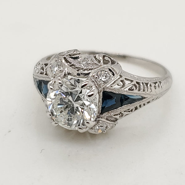 1.09 Carat Round Transitional Cut Diamond Art Deco Engagement Ring