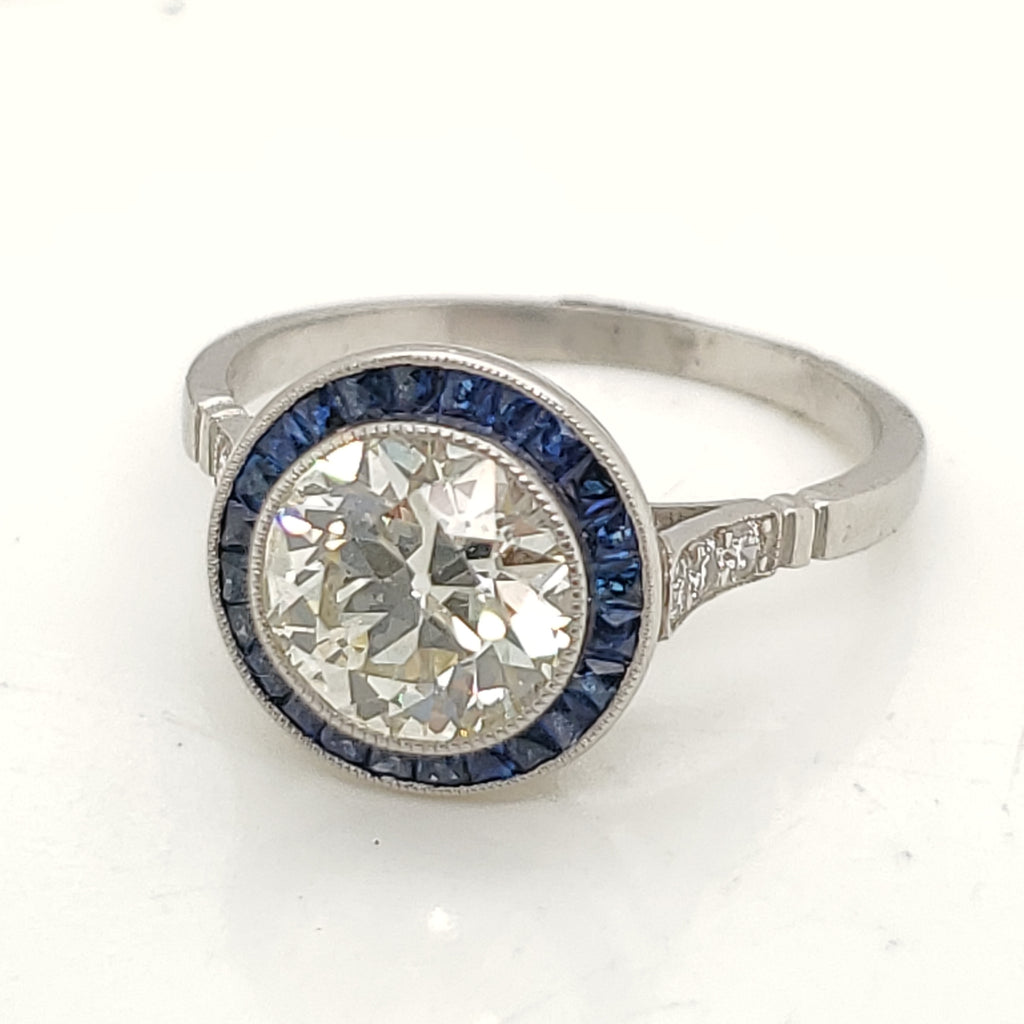 Platinum 1.85 Carat European Cut Diamond and Sapphire Engagement Ring