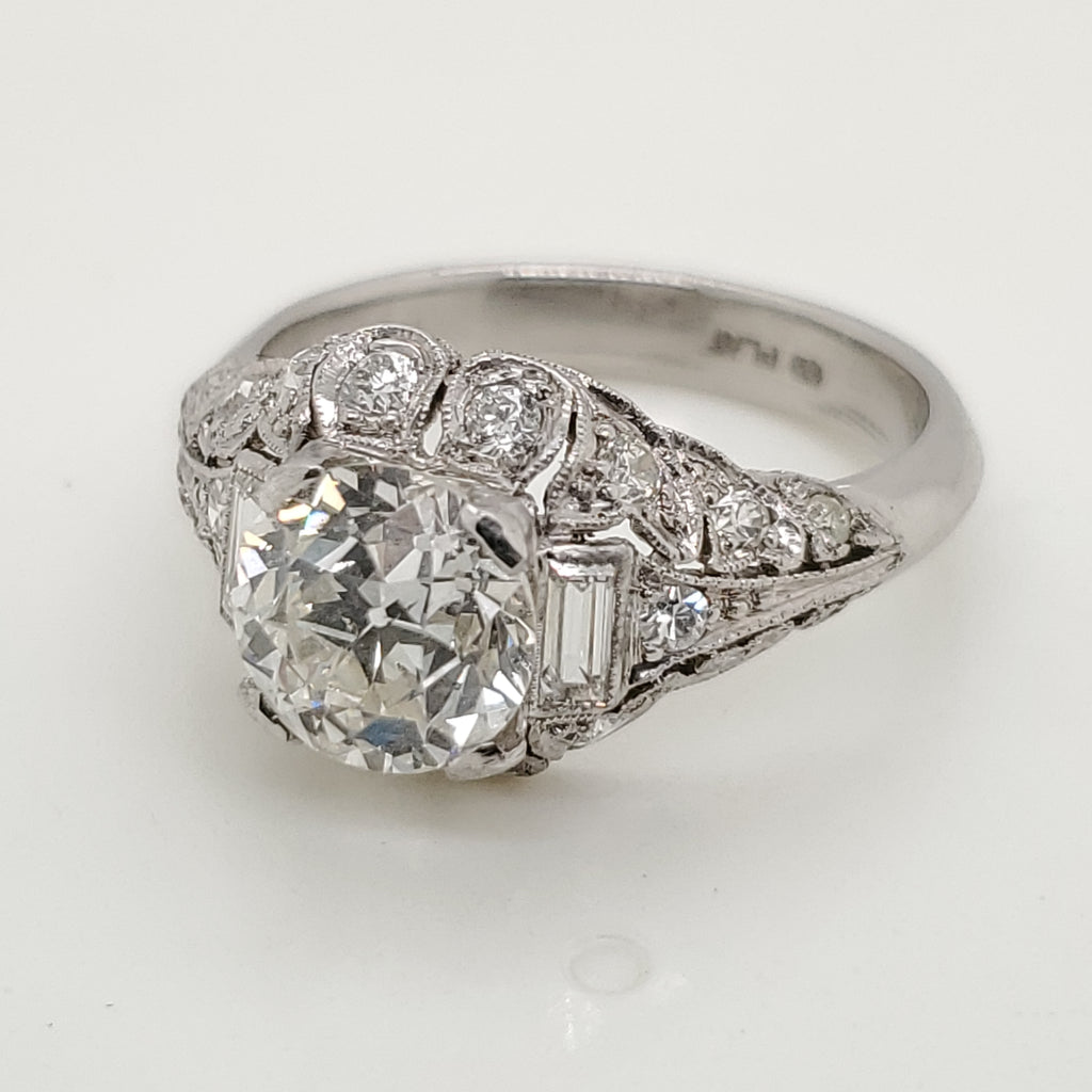 Art Deco Platinum 1.85 Carat European Cut Diamond Engagement Ring