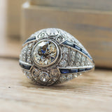 Platinum 1.79 Carat European Cut Diamond And Sapphire Filigree Ring