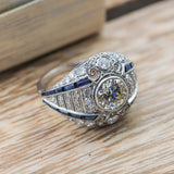 Platinum 1.79 Carat European Cut Diamond And Sapphire Filigree Ring