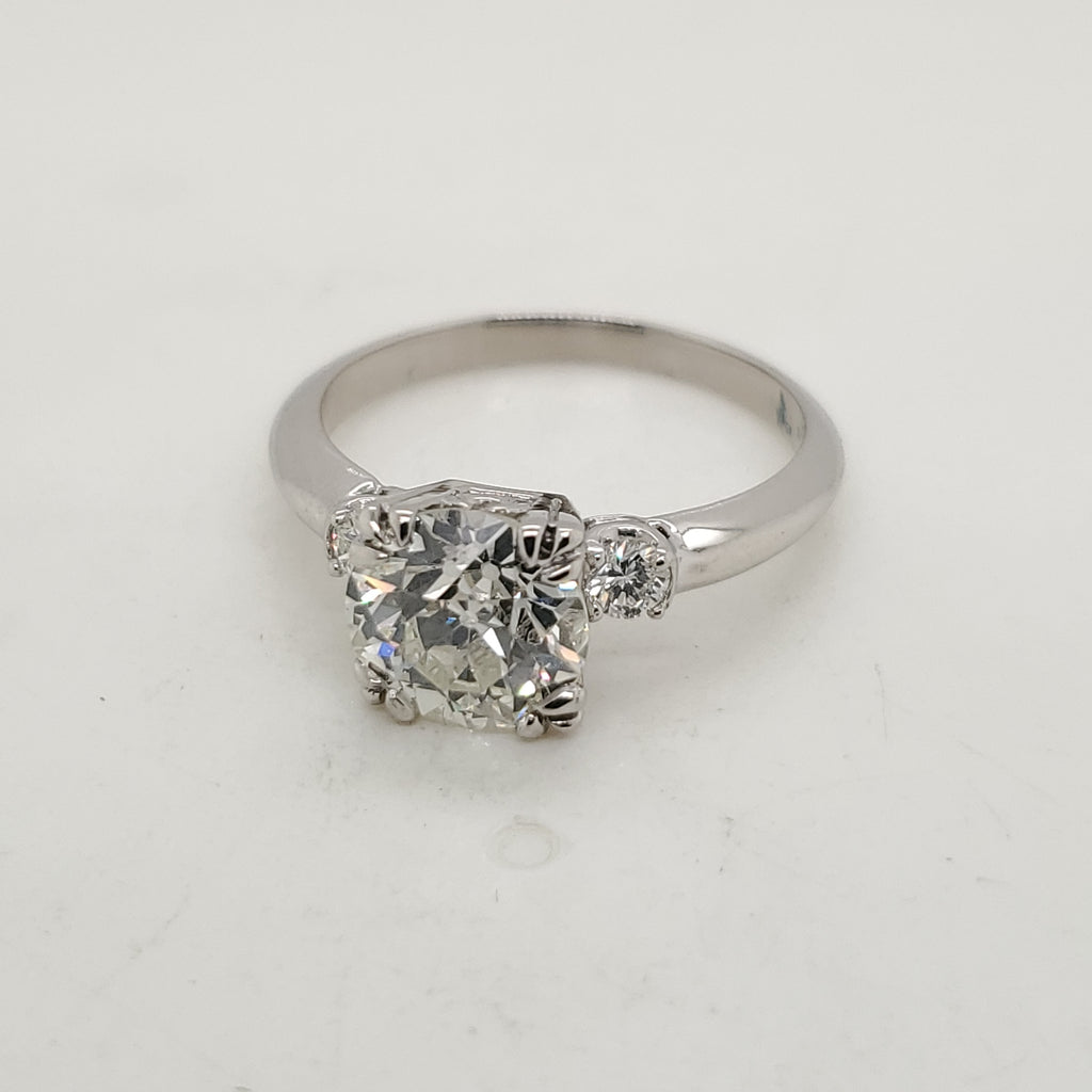 Estate Platinum And 1.87 Carat Round European Cut Diamond Engagement Ring