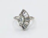 Vintage 1950s Platinum Fan Motif Marquise Diamond Engagement Ring