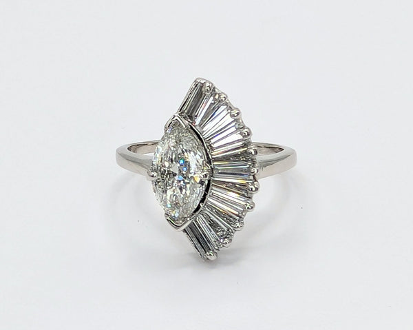 Vintage 1950s Platinum Fan Motif Marquise Diamond Engagement Ring