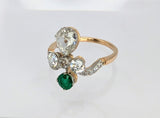 Vintage Style 18K Yellow Gold and Platinum Diamond and Emerald Bow Ring