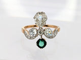 Vintage Style 18K Yellow Gold and Platinum Diamond and Emerald Bow Ring