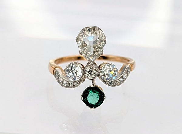 Vintage Style 18K Yellow Gold and Platinum Diamond and Emerald Bow Ring