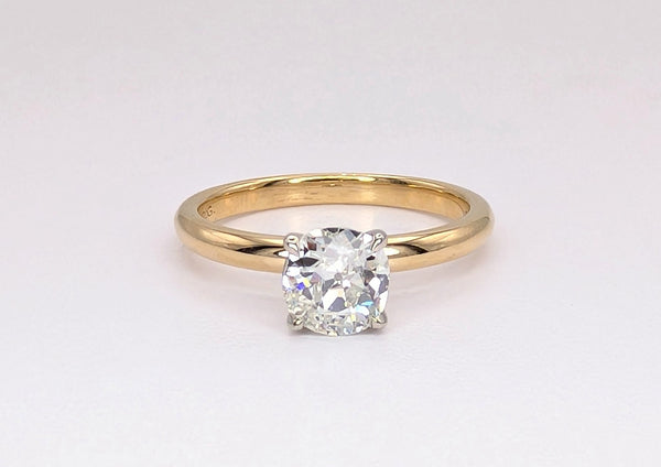14K Yellow and White Gold 0.70ct Cushion Miner Cut Diamond Solitaire Ring