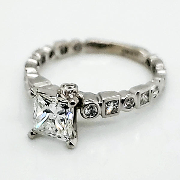 14Kt White Gold 1.01 Carat Princess Cut Diamond Engagement Ring With Round And Princess Cut Side Diamonds